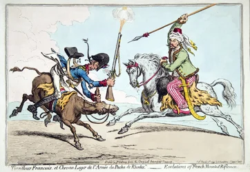 1799年にハンナハンフリーから出版されたフランスのマウントライフルマンのティレリアフランセエシュヴァウレジェドゥラルミーデュパチャデロードスまたは進化版（手描きのエッチング）